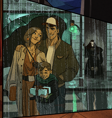 《映像》漫画中,死神在雨中凝望一个路人家庭